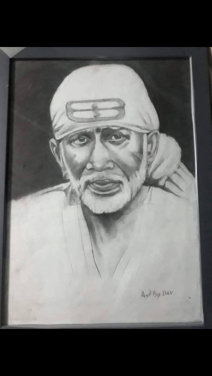 Framed pencil sketch portrait of Sai Baba