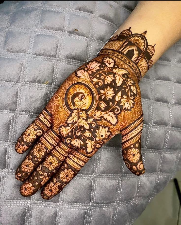Intricate bridal henna palm with peacock and dome motifs