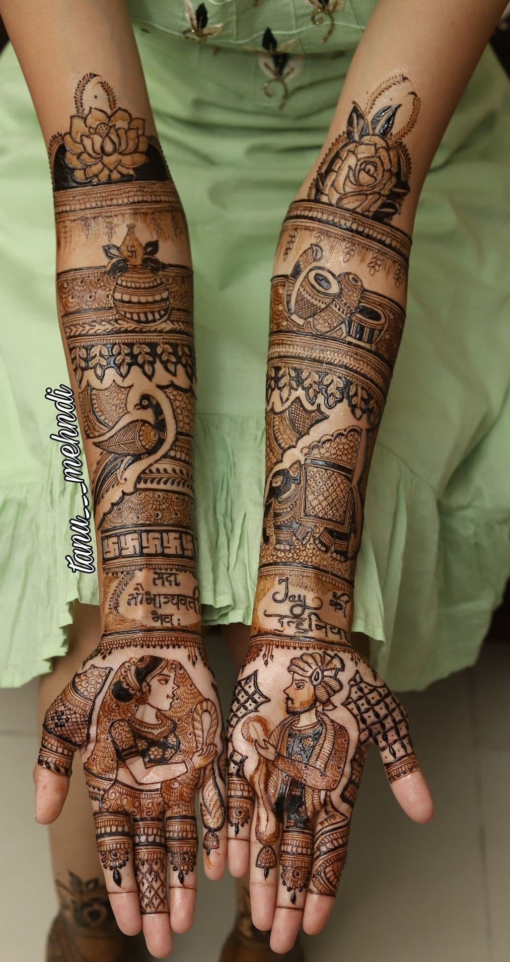 Intricate bridal henna arms with peacock and wedding figures