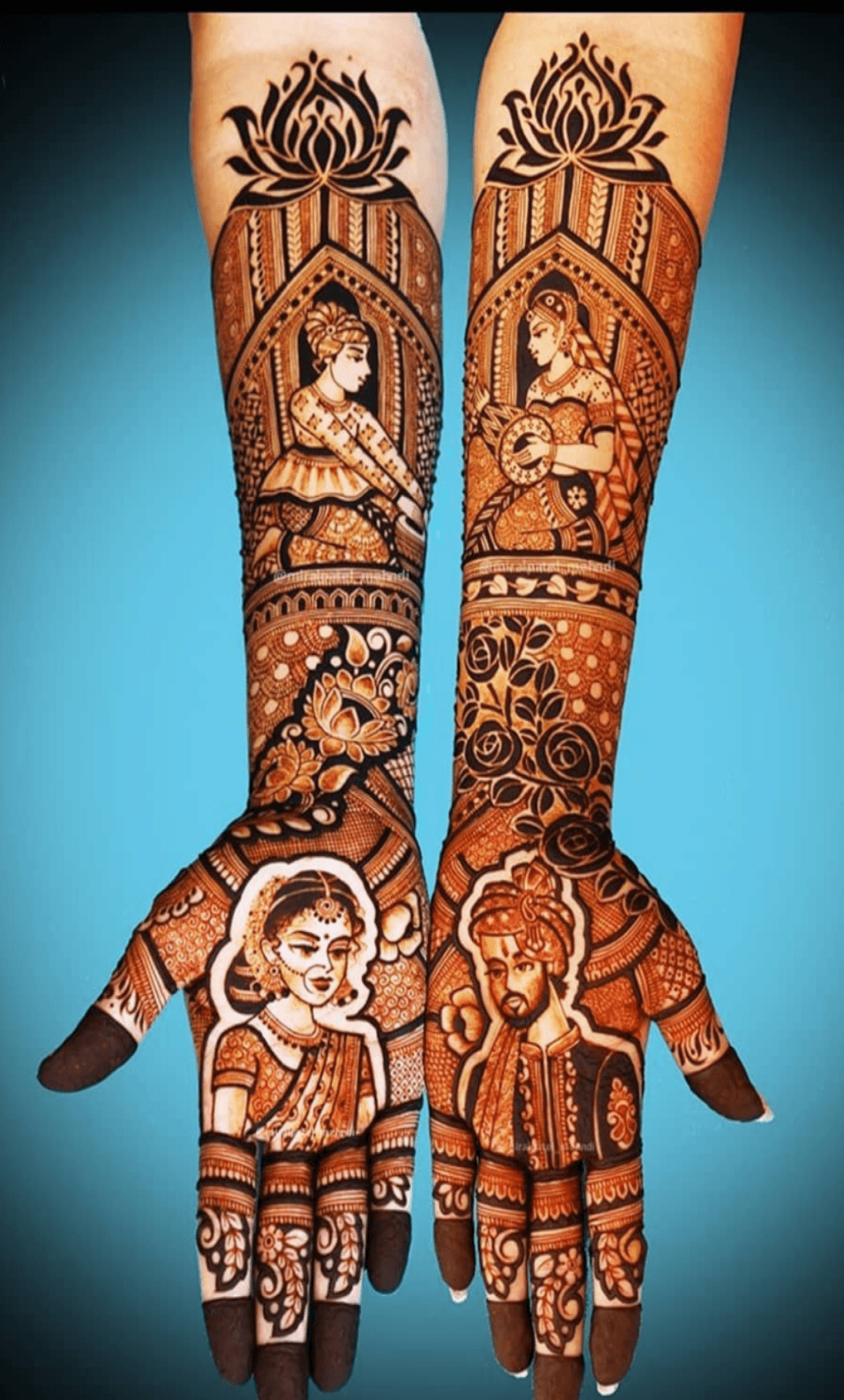 Bridal arm mehandi with lotus crowns and couple portraits